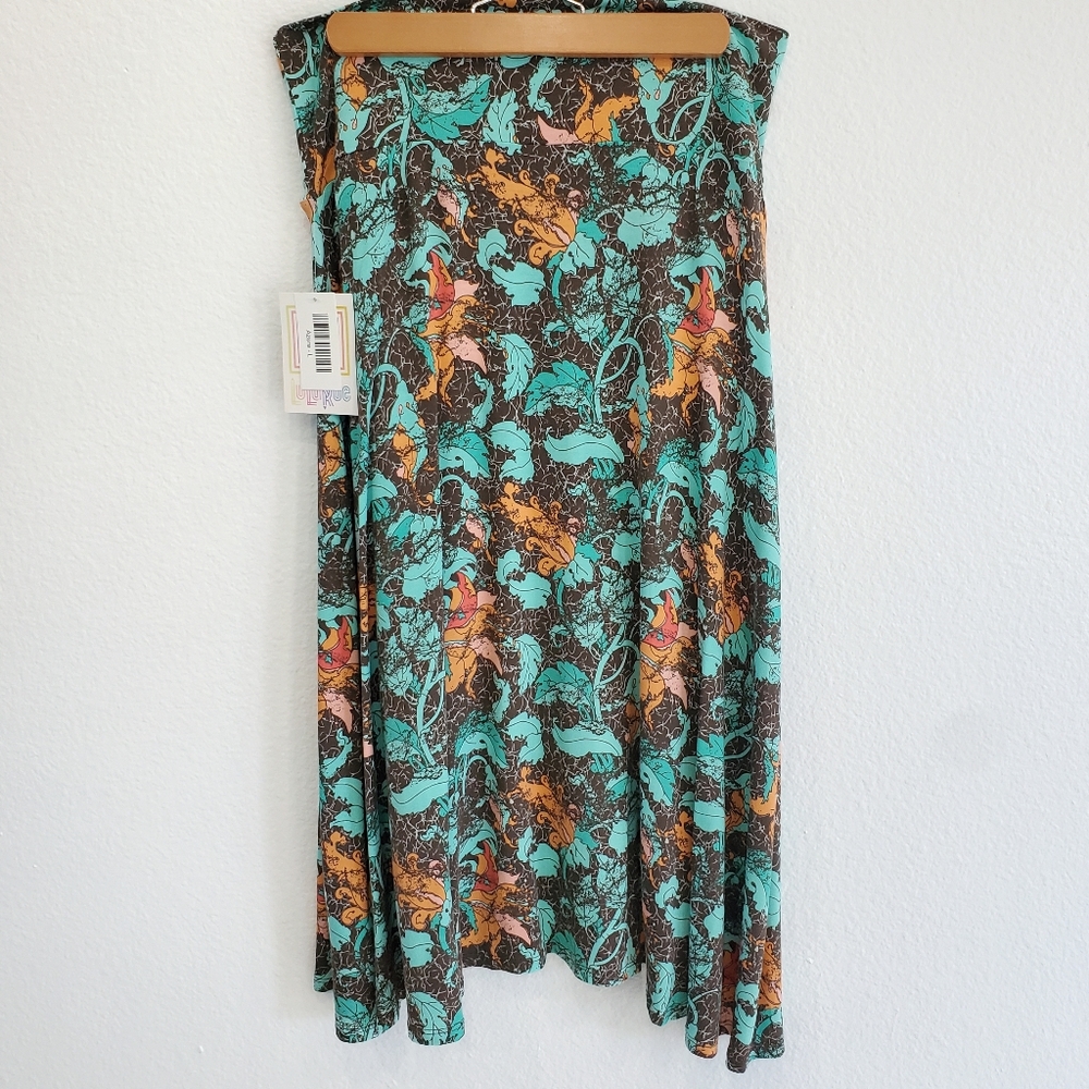 NWT Lularoe Azure Skirt Large Tropical Floral Rayon Turquoise Orange Brown NEW